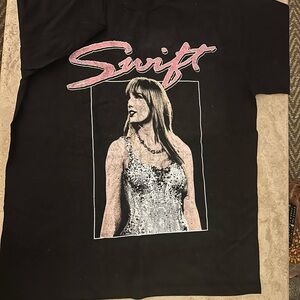 Taylor Swift Black Graphic T-Shirt with Pink and White Design